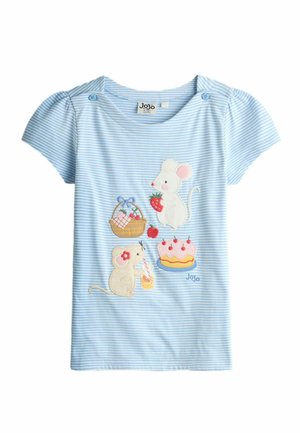 Niebiesko-biała koszulka dla malucha w paski z wyhaftowanymi myszkami, truskawką, koszykiem piknikowym i tortem urodzinowym z wiśniami.