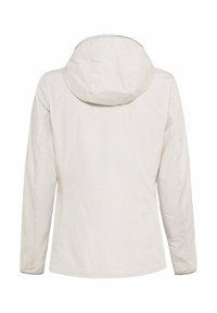 Veste légère beige clair à manches longues avec une capuche attachée, vue de dos sur un fond blanc.