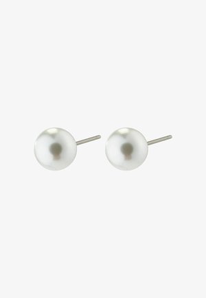 White pearl stud earrings with metal posts, spherical design, smooth texture, reflecting light with a natural sheen.