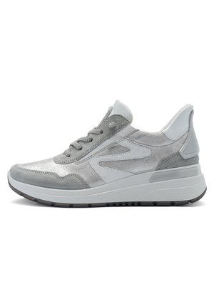 Light grey and white sneaker with lace-up front, suede and leather panels, and thick rubber sole.