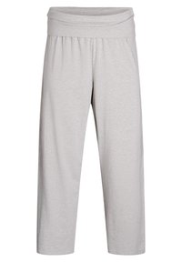 Light grey, soft fabric pants with a wide, folded waistband, relaxed fit, and cropped length, featuring gentle pleats at the waist.