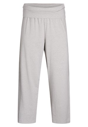 Light grey, soft fabric pants with a wide, folded waistband, relaxed fit, and cropped length, featuring gentle pleats at the waist.