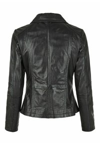 Schwarze Lederjacke mit maßgeschneidertem Design, ausgestattet mit einem Spitzkragen, strukturierten Nähten und langen Ärmeln. Glatte Textur mit minimaler Naht.