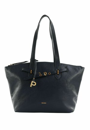 Sac fourre-tout en cuir noir texturé avec double poignées, ferrures couleur or, une lanière décorative avec un pendentif "P" et une fermeture éclair.