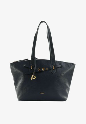 Sac fourre-tout en cuir noir texturé avec double poignées, ferrures couleur or, une lanière décorative avec un pendentif "P" et une fermeture éclair.