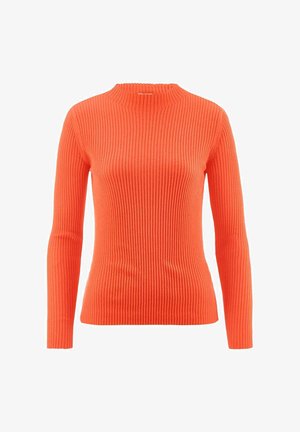 Rippstrickpullover in leuchtendem Orange, mit hohem Kragen und langen Ärmeln. Hergestellt aus elastischem Material, das eine figurbetonte Silhouette bietet.