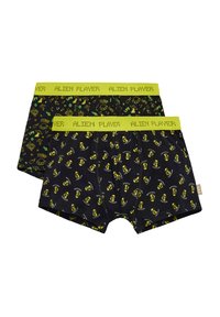 Dos pares de calzoncillos negros con patrones amarillos de temática alienígena. Cintura elástica con el texto "ALIEN PLAYER" en verde brillante. Tela suave.