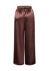 Brune satin brede bukser med elastisk talje, der har en glat tekstur og en løs pasform, ideelle til komfort og bevægelsesfrihed.