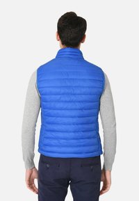 Gilet blu imbottito con colletto alto, materiale leggero, dettaglio di cuciture orizzontali e design aderente sopra una camicia grigia a maniche lunghe.