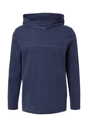 Granatowa bluza z kapturem z długim rękawem wykonana z mieszanki bawełny, z kieszenią kangurka, logo z przodu oraz fakturowanym przeszyciem na ramionach.