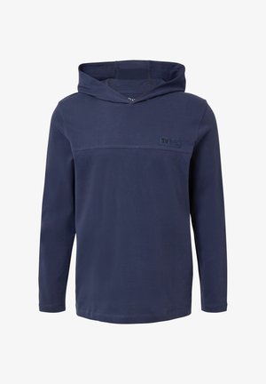 Marineblauwe hoodie met lange mouwen gemaakt van een katoenmix, voorzien van een kangoeroezak, een logo aan de voorkant en gestructureerde stiksels langs de schouders.