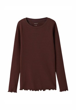 Long-sleeve, ribbed brown shirt with round neckline and wavy edges on sleeves and hem, suitable for kids aged 7-8 years.