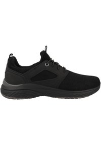 Schwarze Sportschuhe mit einem Obermaterial aus Mesh, strukturierten Akzenten und einer gepolsterten Sohle. Das Design umfasst Schnürsenkel und Zuglaschen für ein einfaches An- und Ausziehen.