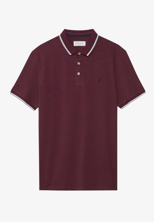 Burgunderfarbendes Poloshirt mit einer Drei-Knopf-Leiste, weißen Kragen- und Ärmelausfassungen sowie gesticktem Logo auf der linken Brust. Baumwollmaterial.