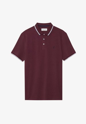 Polo bordeaux avec un col blanc et des finitions blanches aux manches, dotée d'une patte de boutonnage à trois boutons et d'un logo brodé sur la poitrine gauche. En matériau coton.