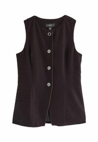 Gilet senza maniche di colore viola scuro con scollatura rotonda e cinque bottoni esagonali argentati sulla parte anteriore. Tessuto morbido e texture, con orlo dritto.