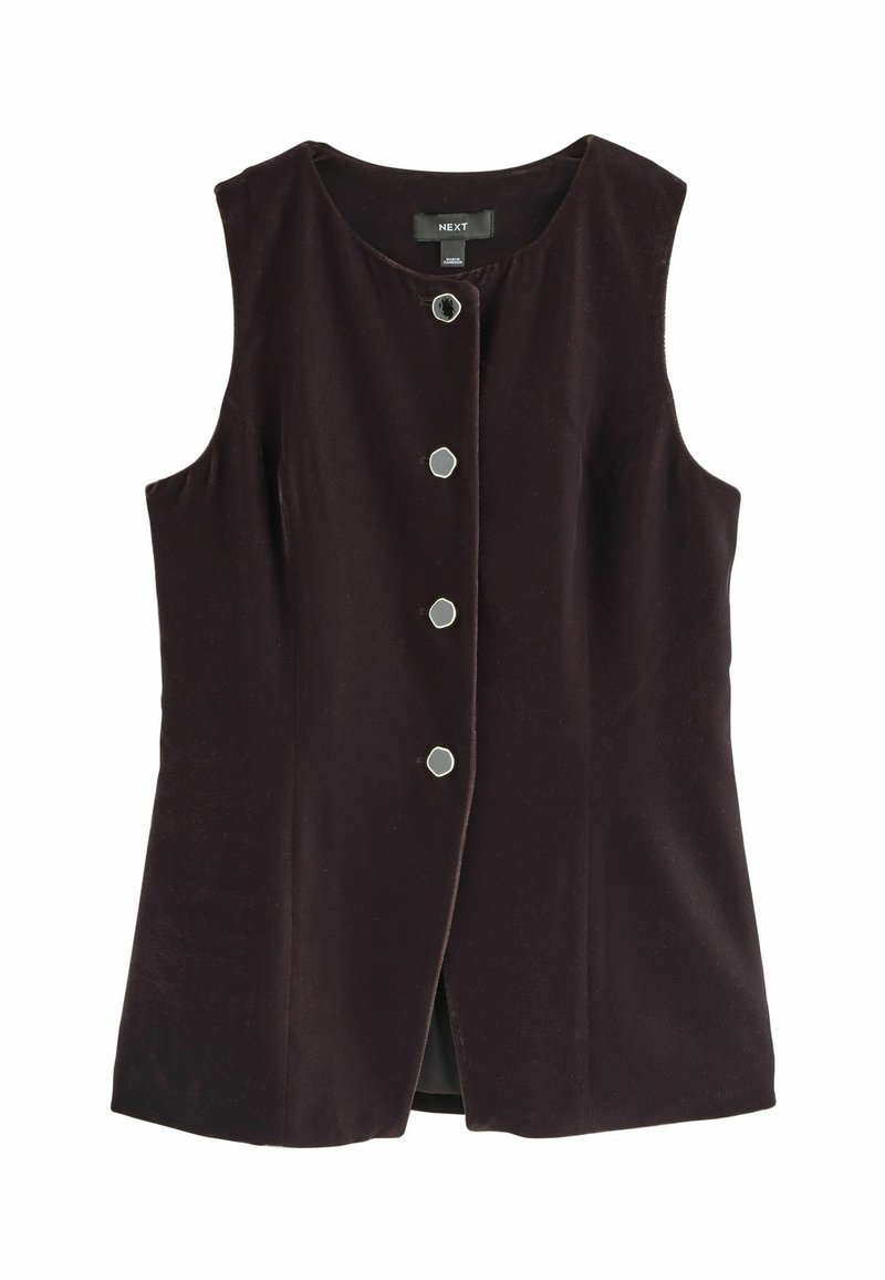 Gilet senza maniche di colore viola scuro con scollatura rotonda e cinque bottoni esagonali argentati sulla parte anteriore. Tessuto morbido e texture, con orlo dritto.
