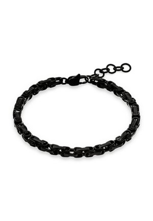 Schwarzes Armband aus Gliederkette mit ovalen und rechteckigen Gliedern und Karabinerverschluss auf weißem Hintergrund.