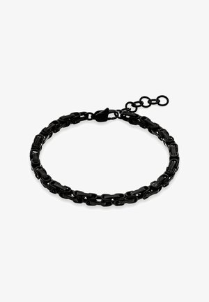 Zwart armband van ketting met ovale en rechthoekige schakels en een karabijnsluiting op witte achtergrond.