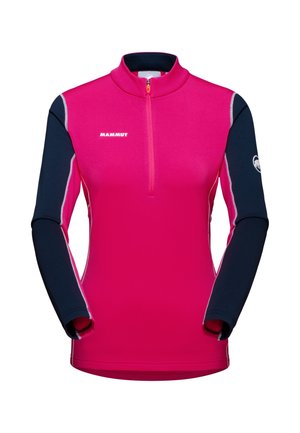 Women’s long-sleeve athletic pullover with quarter-zip, bright pink body, navy sleeves, white contrasting seams, and Mammut logo on chest and arm.