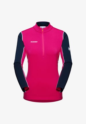 Damska sportowa bluza z długim rękawem i suwakiem do ćwiartki, w jasnoróżowym kolorze, z granatowymi rękawami, białymi kontrastowymi szwami oraz logo Mammut na klatce piersiowej i ramieniu.