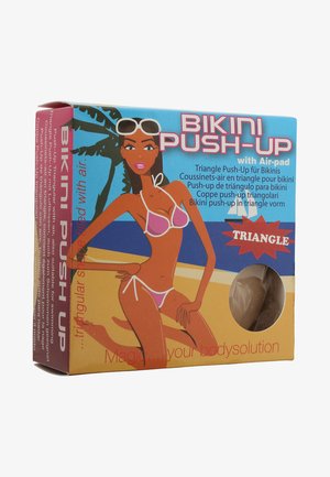 Palas de push-up em triângulo em embalagem transparente. Design gráfico colorido com uma mulher em biquíni. Detalhes em texto sobre as características do produto.