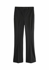 Pantaloni neri con una linea dritta, vita con chiusura a bottone e texture liscia. Nessun motivo o dettaglio visibile.