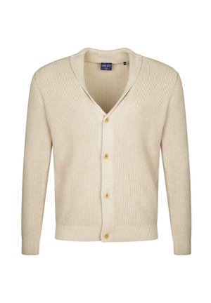 Beige gestrickte Strickjacke mit Reverskragen, langen Ärmeln und fünf goldenen Knöpfen vorne. Hat eine gerippte Textur.