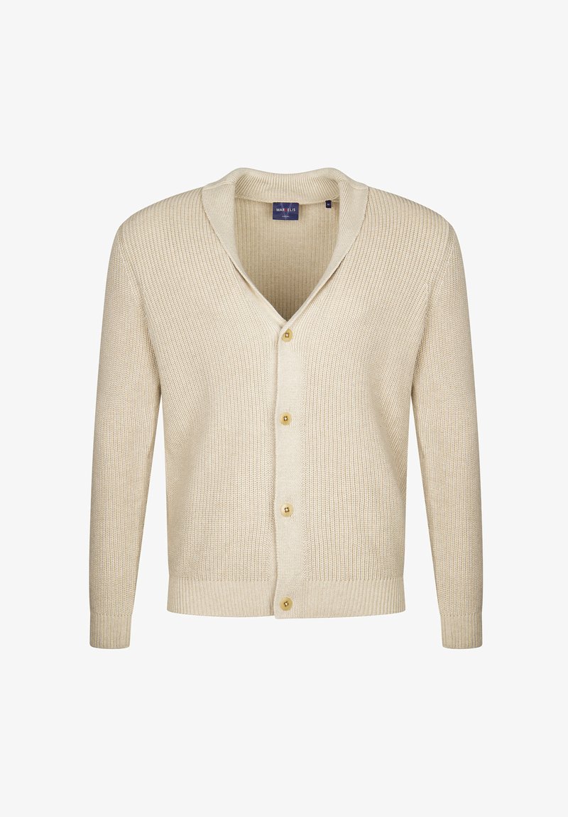 Beige gestrickte Strickjacke mit Reverskragen, langen Ärmeln und fünf goldenen Knöpfen vorne. Hat eine gerippte Textur.