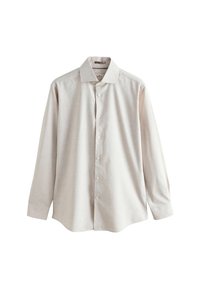 Lys beige langærmet skjorte med knapper lavet af tekstureret stof; har en spids krave og buet kant, med seks knapper nedad foran.