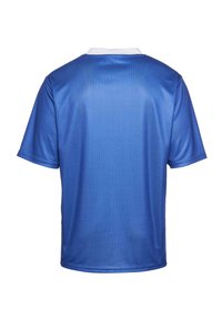 Blue sports jersey with short sleeves, made from a lightweight, smooth fabric. Features a white collar and a plain back design.