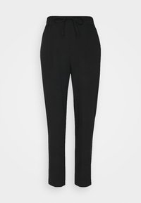 Černé zúžené kalhoty s elastickým pasem, hladkým povrchem a bez viditelných vzorů. Design s rovnou nohavicí, vhodné pro různé příležitosti.