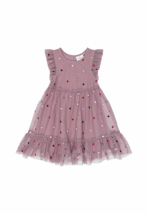 Robe rose sans manches pour tout-petit avec épaules à volants, petits motifs cœurs multicolores, et jupe en tulle superposée avec un ourlet volanté.