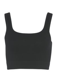 Schwarzes geripptes Cropped Top mit quadratischem Ausschnitt, breiten Trägern und einer dehnbaren, figurbetonten Passform. Glatte Textur, keine sichtbaren Verschlüsse oder Muster.