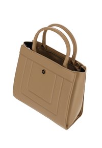 Kastanienbraune Lederhandtasche mit strukturiertem Design, zwei oberen Griffen, einer Vorderfach-Detail und einem Reißverschluss-Innenfach.