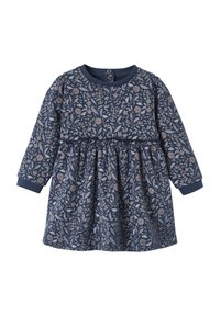 Navyblaues Blumenkleid mit langen Ärmeln, das über eine geraffte Taille und einen runden Ausschnitt verfügt. Blumenmuster in sanften Farben auf Baumwollstoff.