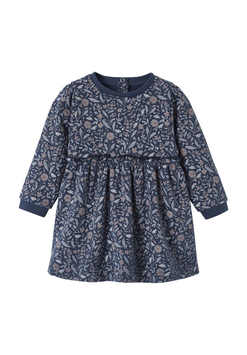 Navyblaues Blumenkleid mit langen Ärmeln, das über eine geraffte Taille und einen runden Ausschnitt verfügt. Blumenmuster in sanften Farben auf Baumwollstoff.
