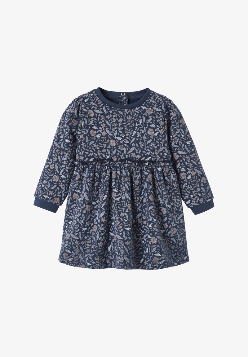 Navyblaues Blumenkleid mit langen Ärmeln, das über eine geraffte Taille und einen runden Ausschnitt verfügt. Blumenmuster in sanften Farben auf Baumwollstoff.