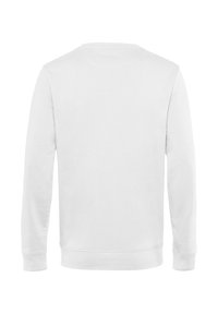 Sudadera blanca de manga larga con cuello redondo. Textura suave, puños y dobladillo acanalados, diseño liso sin patrones ni acentos.