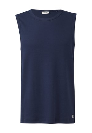 Bezsvārku tumši zila augšdaļa, kas izgatavota no ribota auduma, ar apaļu kakla izgriezumu un nelielu logotipa akcentu apakšmalā.