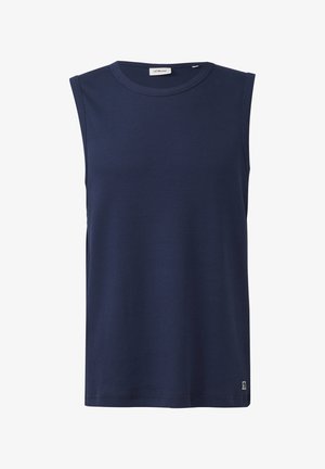 Bezsvārku tumši zila augšdaļa, kas izgatavota no ribota auduma, ar apaļu kakla izgriezumu un nelielu logotipa akcentu apakšmalā.