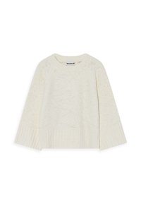 Krämfärgad stickad tröja med rund halsringning, ribbade ärmslut och strukturerat stickat mönster. Normal passform med långa raglanärmar.