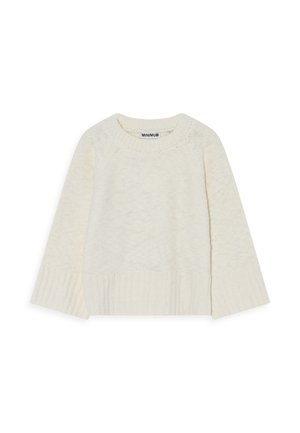 Krems krāsas adīts džemperis ar apaļu kakla izgriezumu, ribota piedurkne un teksturēta adījuma raksts. Parasta piegriezuma ar garām raglanu piedurknēm.