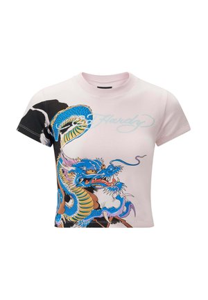 Pink short-sleeve t-shirt featuring a multicolored dragon graphic, contrasting black side, and blue "Ed Hardy" text across the front.