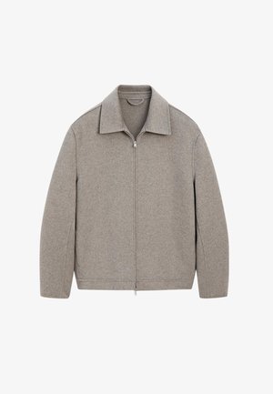 Hellgraue Zip-Jacke mit Stehkragen, aus weichem Stoff, mit geradem Schnitt und minimalen Nähten.