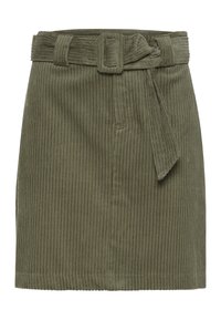 Olivgrön kord kjol med bälte i midjan, med ett strukturerat vertikalt randmönster och en rak skärning.