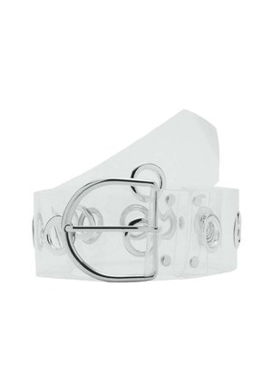 Cintura trasparente in plastica con una fibbia in metallo argentato, caratterizzata da ritagli circolari e bottoni a pressione lungo tutta la lunghezza. Texture liscia, design moderno.