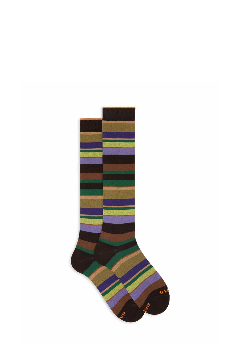 Calze fino al ginocchio con righe multicolori in marrone, verde, viola e arancione. Realizzate in materiale morbido con punta rinforzata.