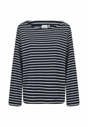 Tumesinine pikade varrukatega särk valgete horisontaalsete triipudega, ümmarguse kaelusega ja krae juures Wasabi sildiga.