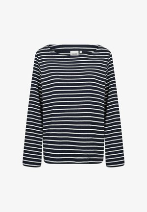 Cămașă bleumarin cu mâneci lungi, dungi orizontale albe, guler rotund și etichetă Wasabi la gât.